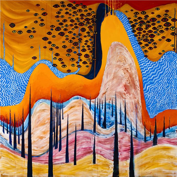 Stanley Donwood and Thom Yorke, Wall of Eyes, Tempera, gouache and gesso on linen, 122 x 122 cm, 2023, Private Collection. © Stanley Donwood and Thom Yorke